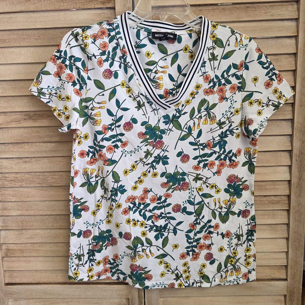 Nautica Jeans White Flower Print V-Neck Medium Womens T-Shirt Boho Floral